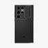 ACS05639 - Galaxy S23 Ultra Case Optik Armor in black showing the back with lens protector slot open